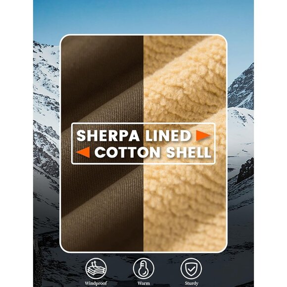 Mens Brown AI Winter Sherpa Lined Jacket Warm Trucker Coat Multi Pocket - Picture 5 of 7